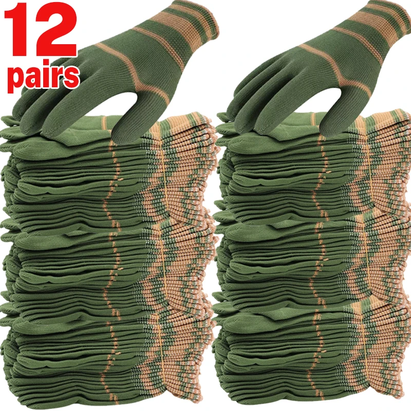 

1/12Pairs Nylon Safety Working Gloves Breathable Elastic Dust-free Knitted Mittens Non-slip Auto Repair Machinery Work Gloves