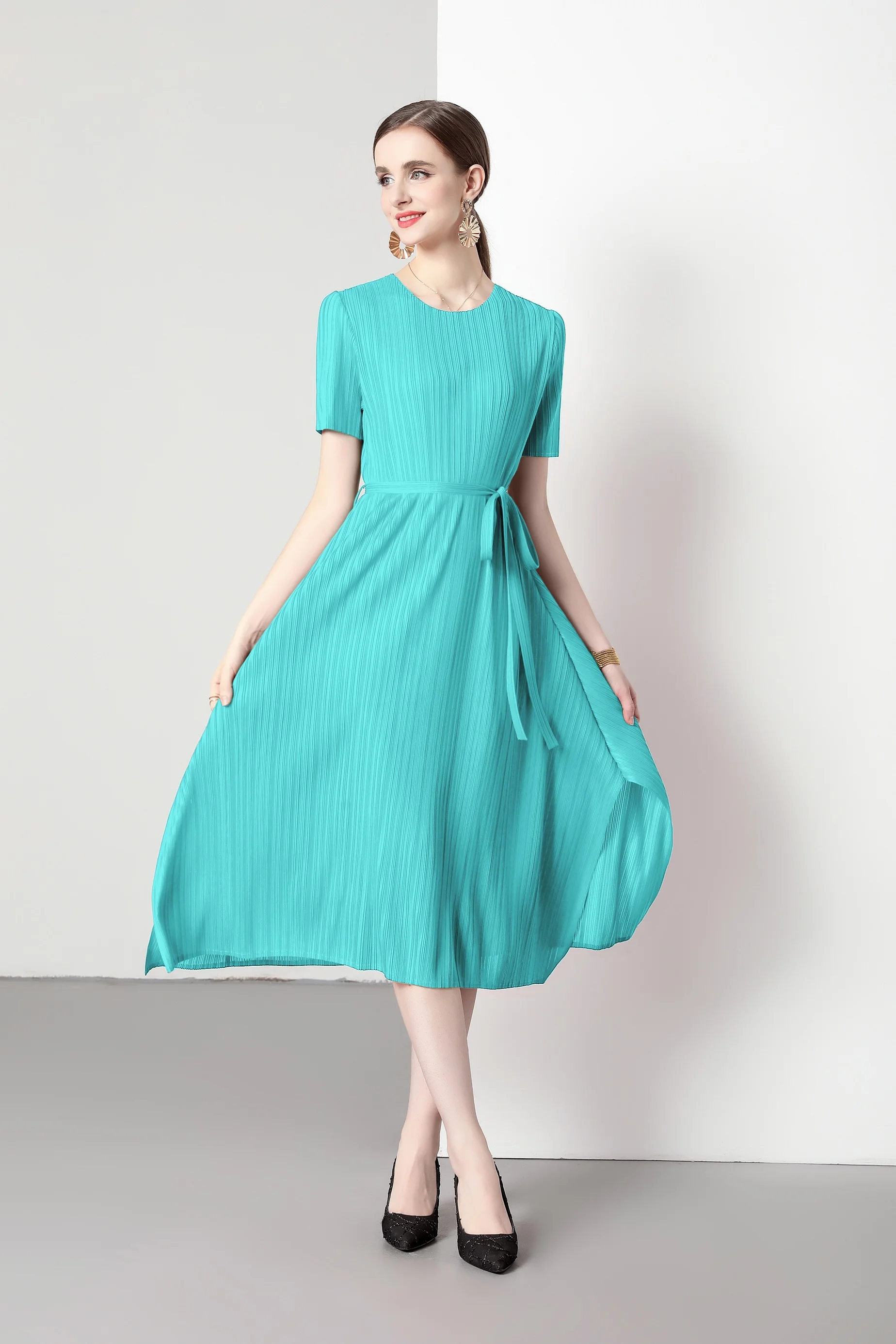 Miyake Pleated Round Neck Tether Waist Slim Dress Solid Color Long Skirt Five-point Sleeve A-line Skirt Big Swing Fresh Style