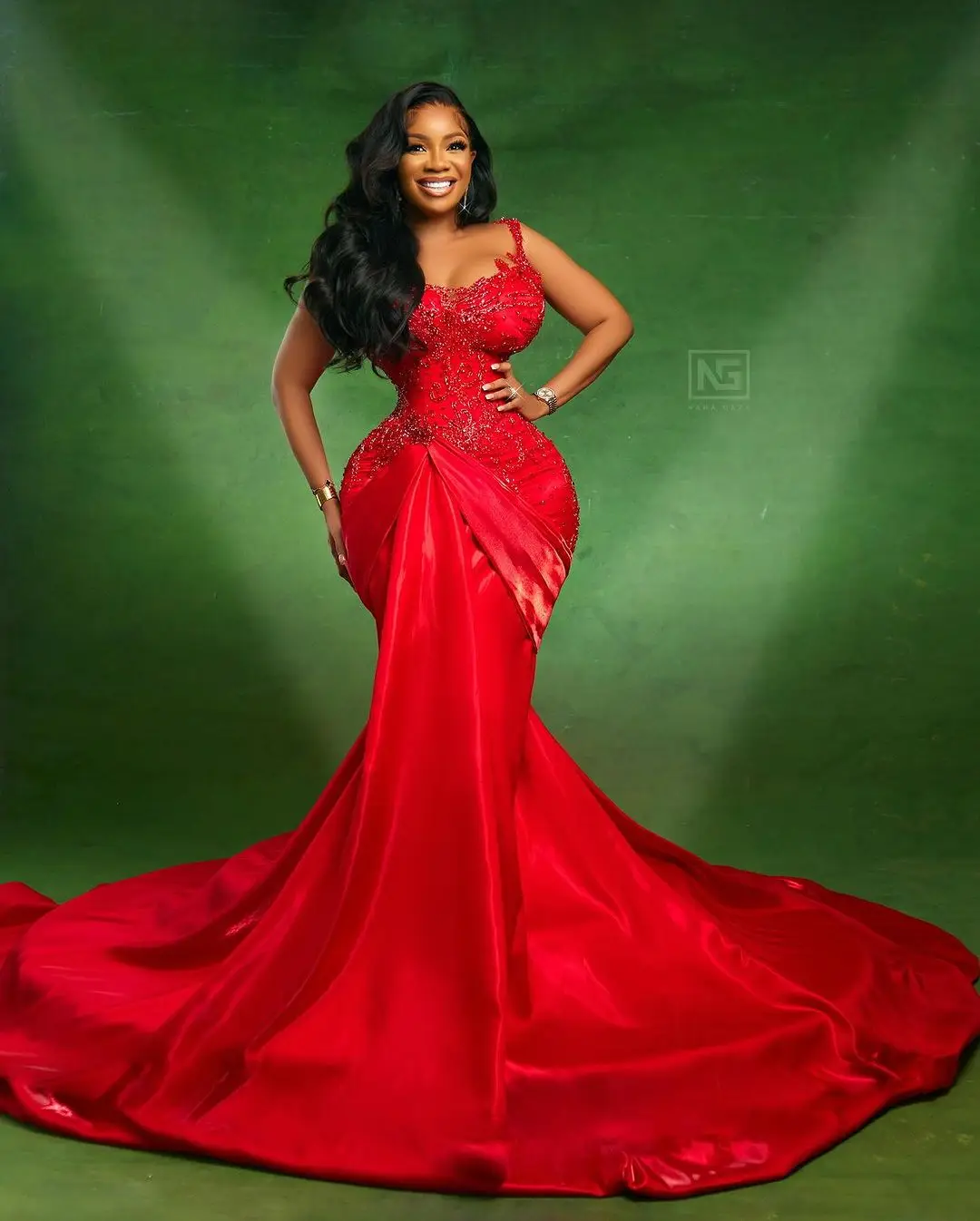 Aso Ebi Style Red Mermaid Wedding Second Dress Plus Size African Beaded Satin Formal Party Dresses Long Train African Prom Dress