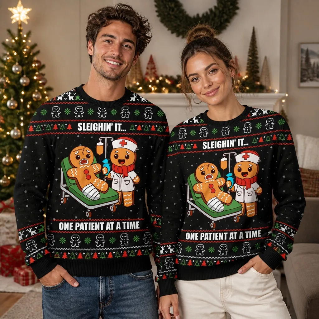 Winter Family Wear: Unisex Gingerbread Couple Crew Neck Sweater, Printed Casual Long-Sleeved Pullover, Suitable for Christmas