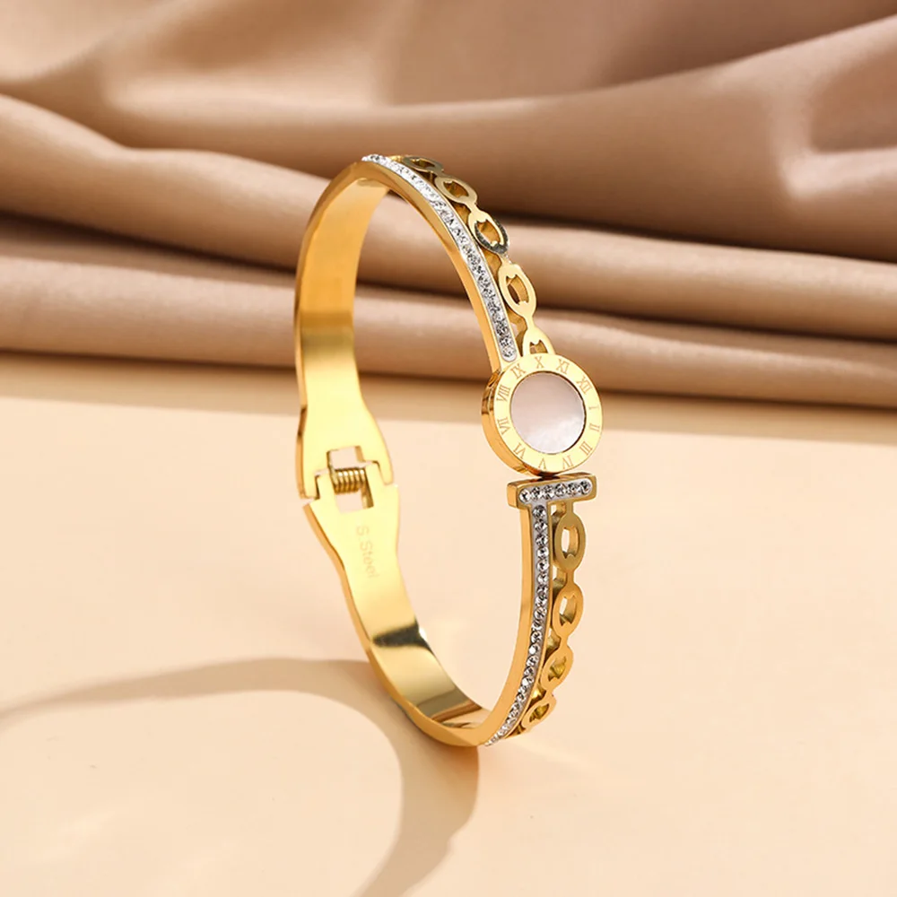 

Браслет с римскими цифрами, муссель, циркон, пружинная пряжка, позолоченный браслет 18 карат, легкие роскошные украшения, поделиться с друзьями или влюбленными