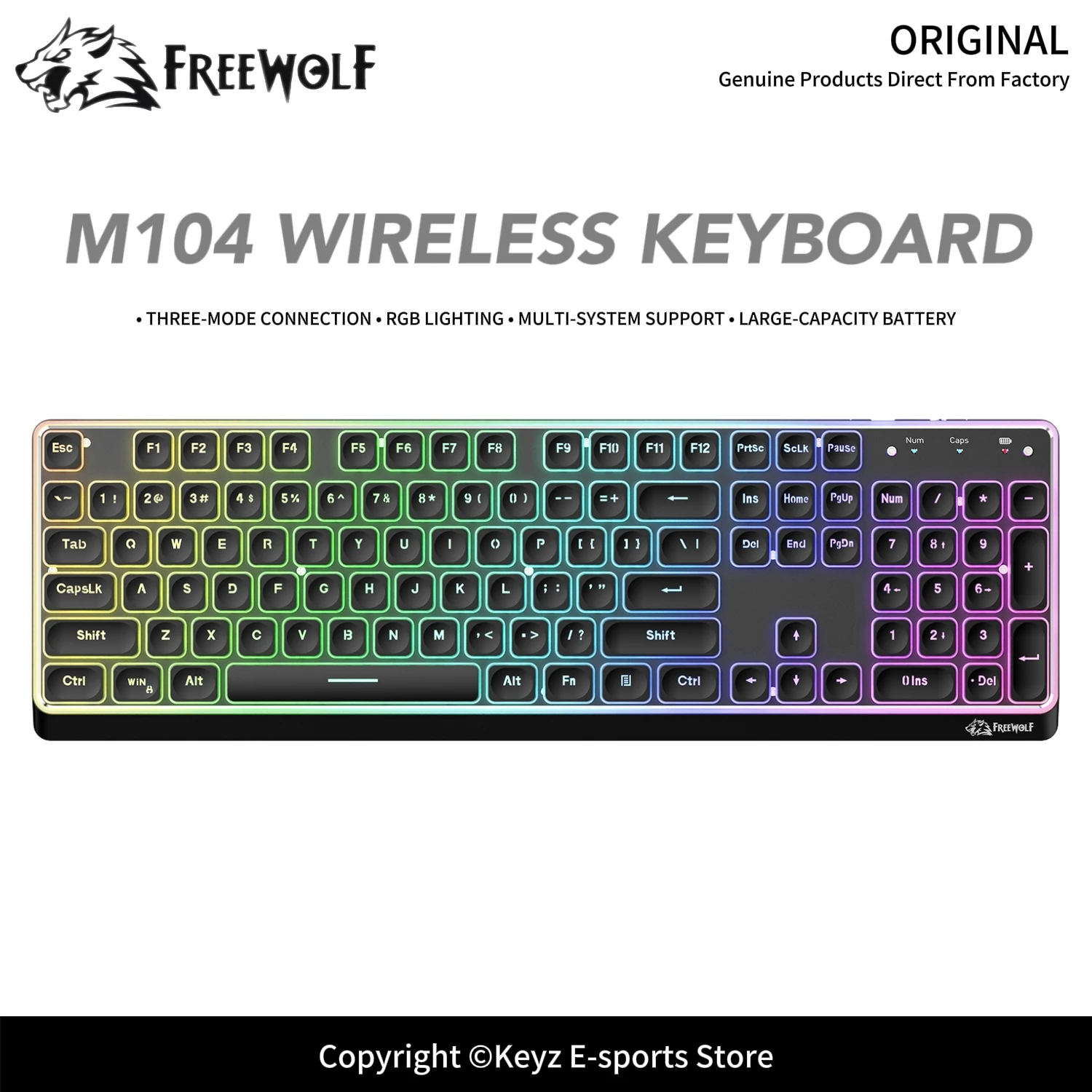 RGB Wireless Gaming Keyboard Tri-mode FREEWOLF M104 4000mAh Silent Keyboard Aluminum Alloy 26 Keys Anti-Ghosting for E-Sports