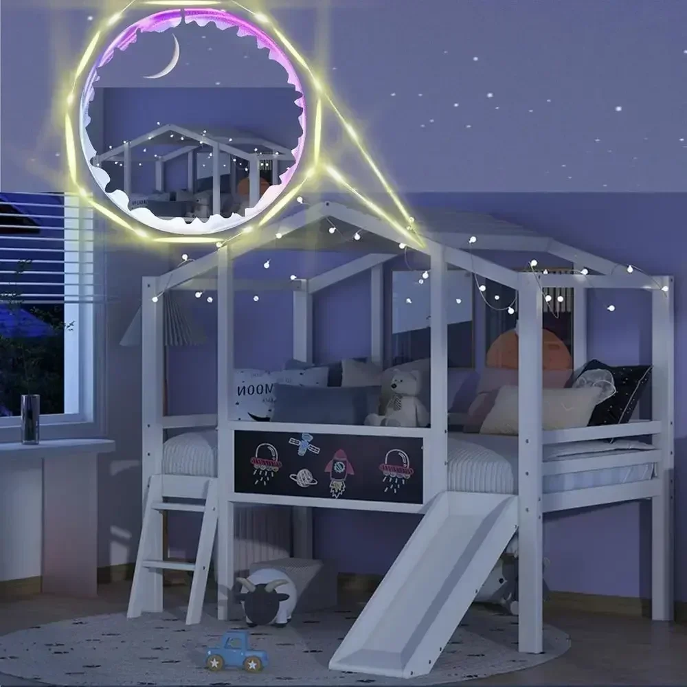 Twin Size Wooden Loft Bed with Ladder, Slide, and Chalkboard, Kids' White Bedroom Furniture