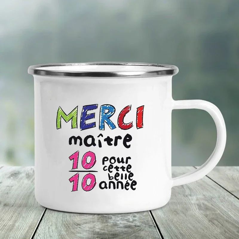 Merci Maître Print Mugs Creative Coffee Cups Drinks Water Milk Tea Cup Enamel Mug School Home Handle Drinkware Best Teacher Gift