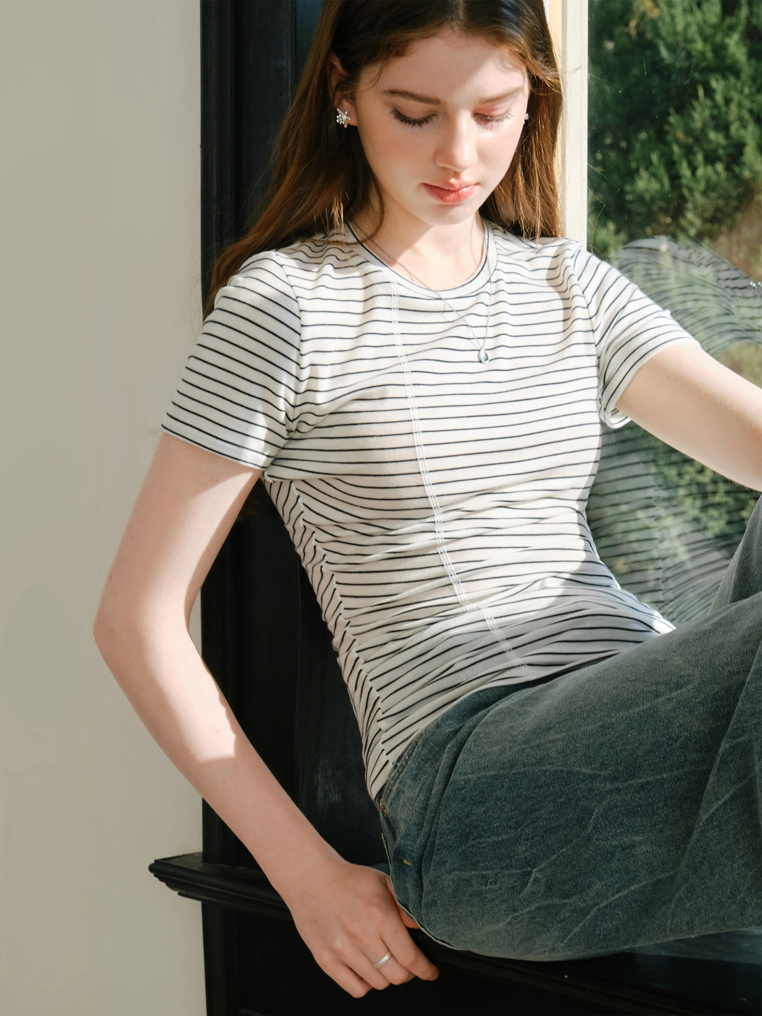 FSLE【3 Colors】Women Spring T-Shirts 19.5% Wool Slim Soft Irregular Hem Short Sleeve Tops Female Casual Stripe Tees 25FS11168