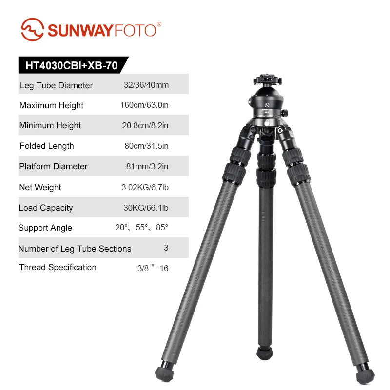 SUNWAYFOTO HT4030CBI Inverted Leg Carbon Fiber Heavy Duty Statief met 65mm kom, 40mm, 3 secties, 59'' (150cm) hoog, belastbaar tot 66lb