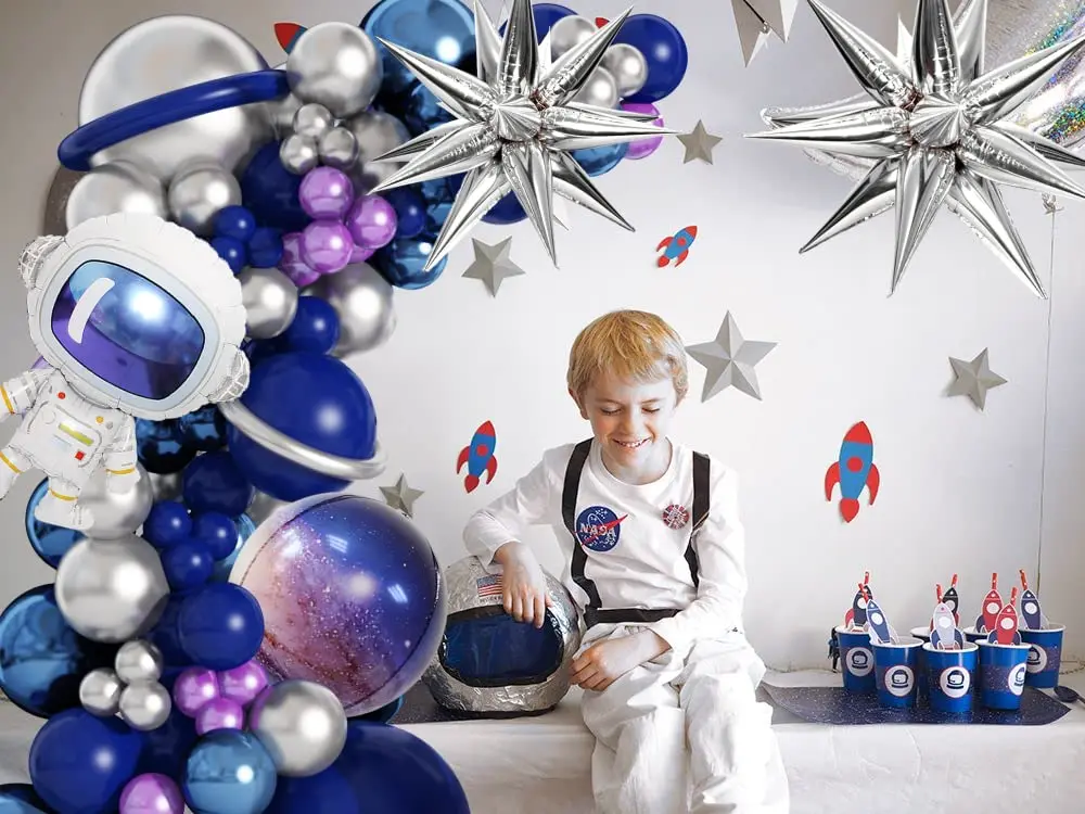 144 Pieces Space Themed Blue Purple Silver Galaxy Astronaut 4D Foil Balloon Garland Arch Kit Boy Kids Birthday Party Decorations