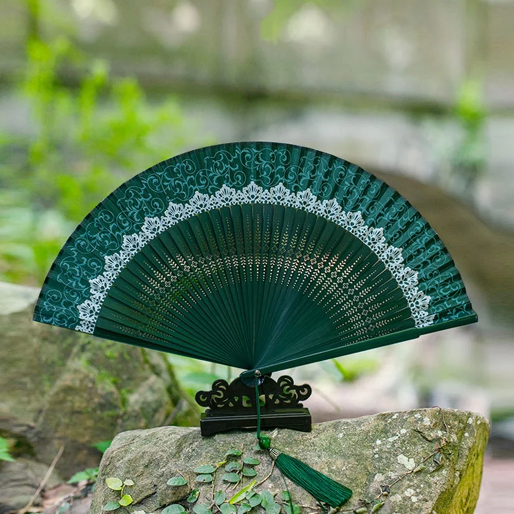 Fashion Ladies Folding Fan Black Japeneses Silk Hand Fan Chinese Handheld Bamboo Crafts Wedding Dance Ornament Home Decor