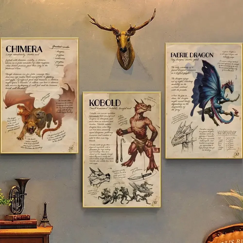 Retro D&D Monster Manual Game Dungeons Dragons Creature  Poster Self-adhesive Art Waterproof Paper Sticker House Room Wall Decor