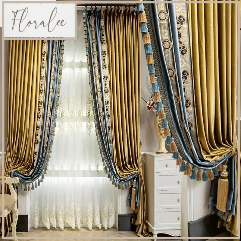 

High-end European-style Luxury Curtains for Bedroom Living Room American Golden and Blue Shading Velvet Villa Customization