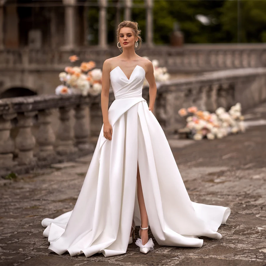 

Customized Simple Off-Shoulder Designs Sleeveless Front Split Evening Gown Wedding Gowns vestidos de noche