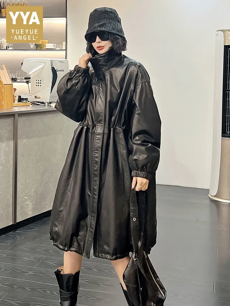 Vintage المرأة الشتاء جلد البقر جلد طبيعي أسفل سترة سميكة الدافئة طويلة خندق معطف فضفاض صالح سترة واقية معطف المتضخم