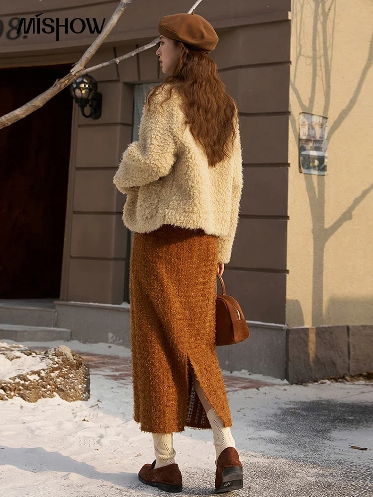 MISHOW Faux Fur Coat for Women Winter Female Thick Imitation Lamb Wool Jacket Top Round Neck Outerwear Ladies MXC59W0199