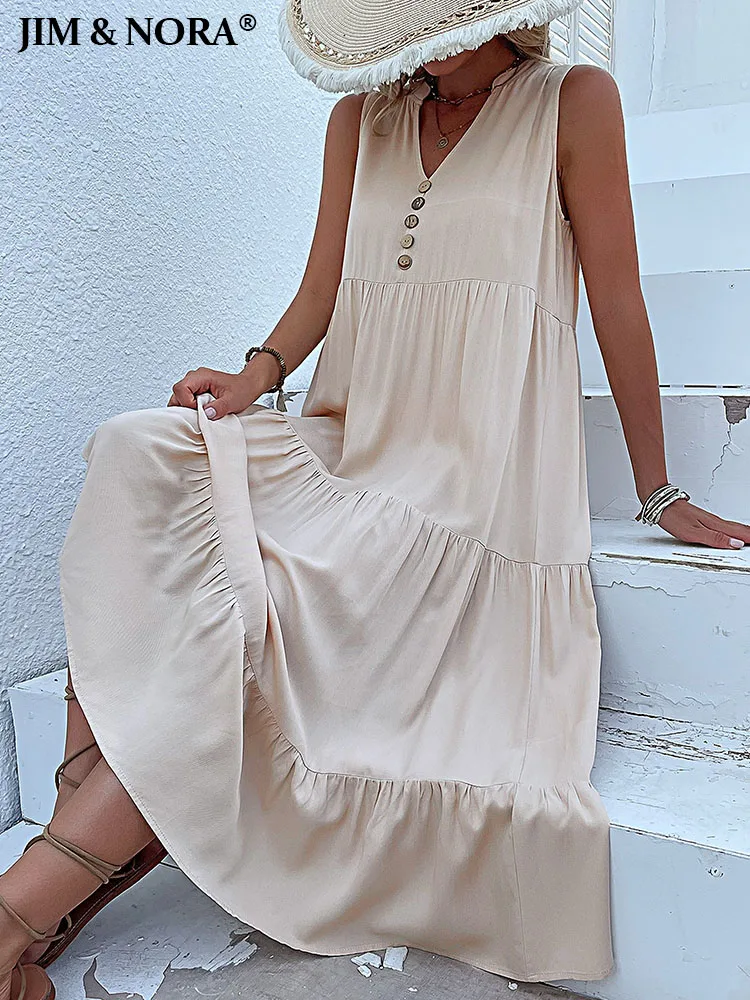 JIM & NORA Casual Summer Midi Dress Women Sleeveless Tank V Neck Buttons Ruffle Loose Dresses Beach Soild Sundress Fashion