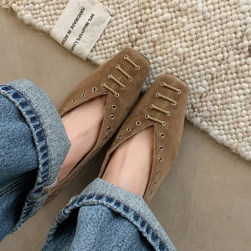 

2025 new spring autumn women pumps natural leather 22-25cm sheepsuede+sheepskin+pigskin square toe Loafers shoes women