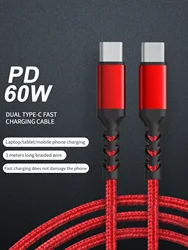 Red 60W USB Type C  to USB C Cable Type-C to C Fast Charging Cable 3A Charger Cord for Iphone 15 Samsung GalaxyS24 Xiaomi QC4.0