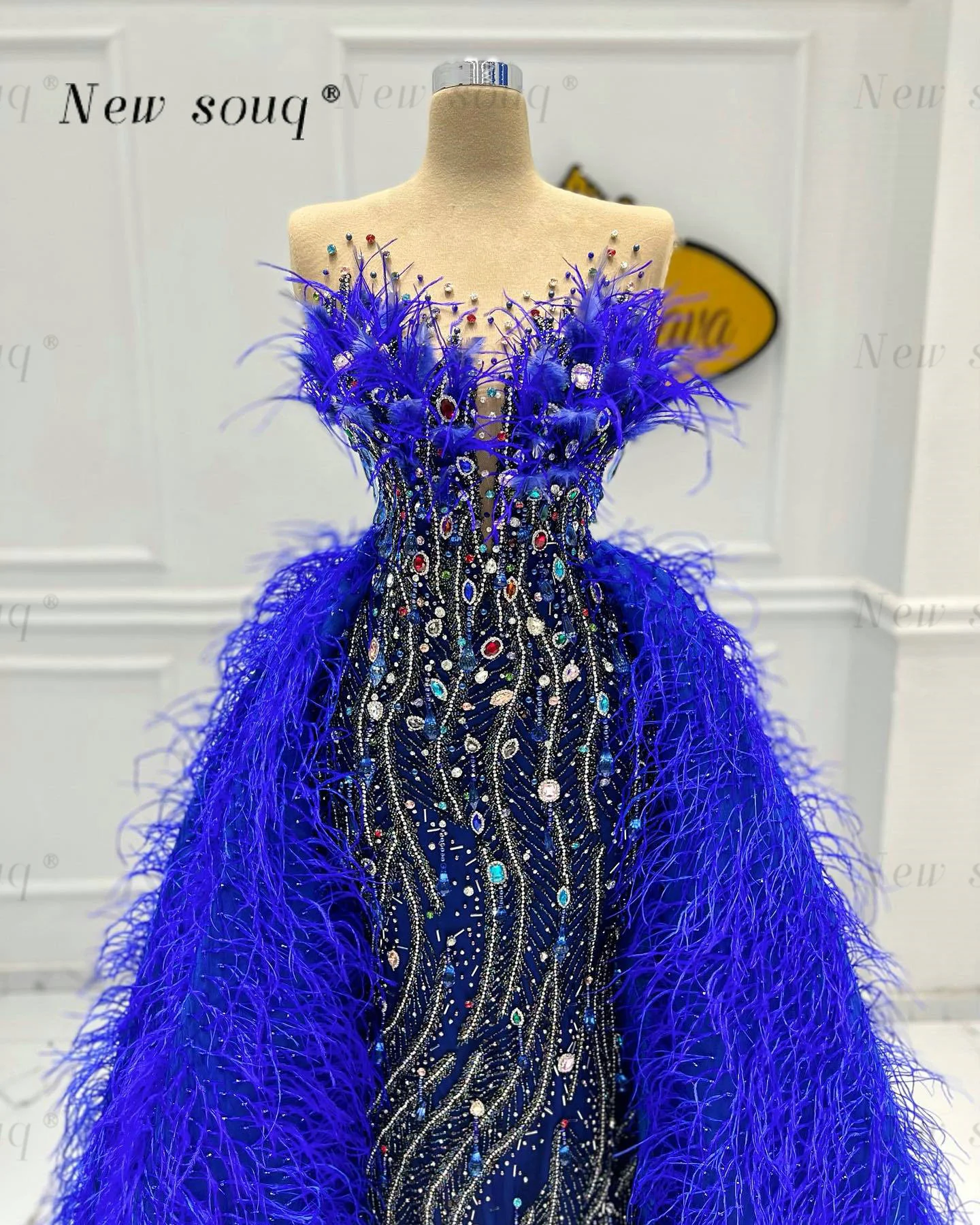 Luxurious Two Pieces Royal Blue Feathers Crystals Stones Evening Dresses 2024 Overskirts Events Big Day Party Gowns Customised