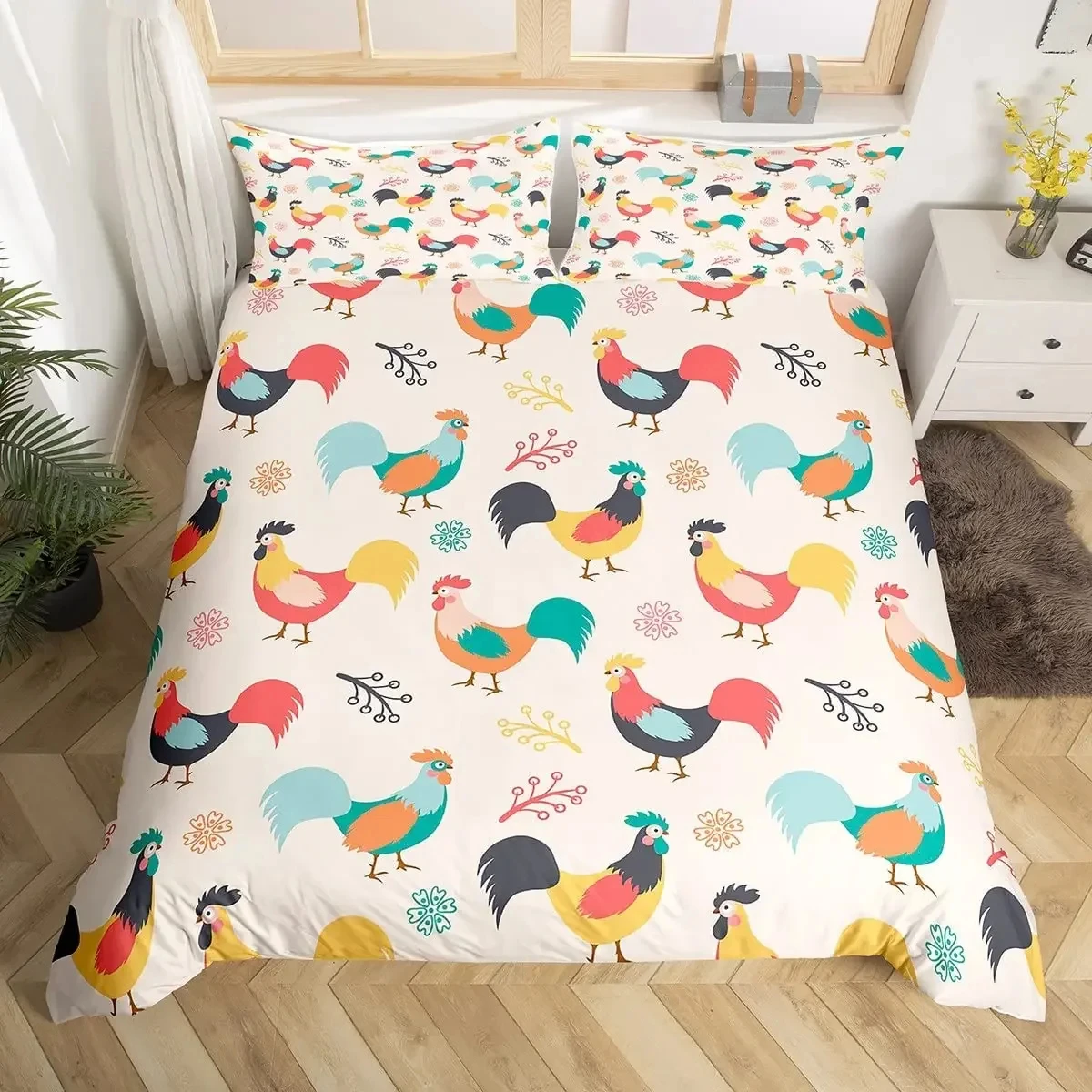 

Vintage Rooster Hen Comforter Cover Farmhouse Cock Duvet Cover Farm Chicken Bedding Set King Chicken Coop Country Decor for Home