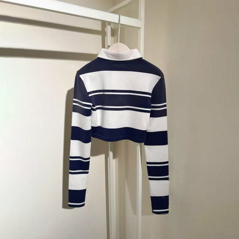 2025 Autumn New Y2k Classic Color Block Striped Embroidered Long Sleeve Crop Top Shirt for Women (Only size L is in stock)