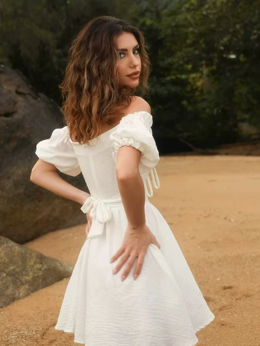 Faionable Sexy Off-the-shoulder Dr met riem Hoge taille Bubble Sve ort Rok Pure kleur One-shoulder ontwerp Woon-werkverkeer...