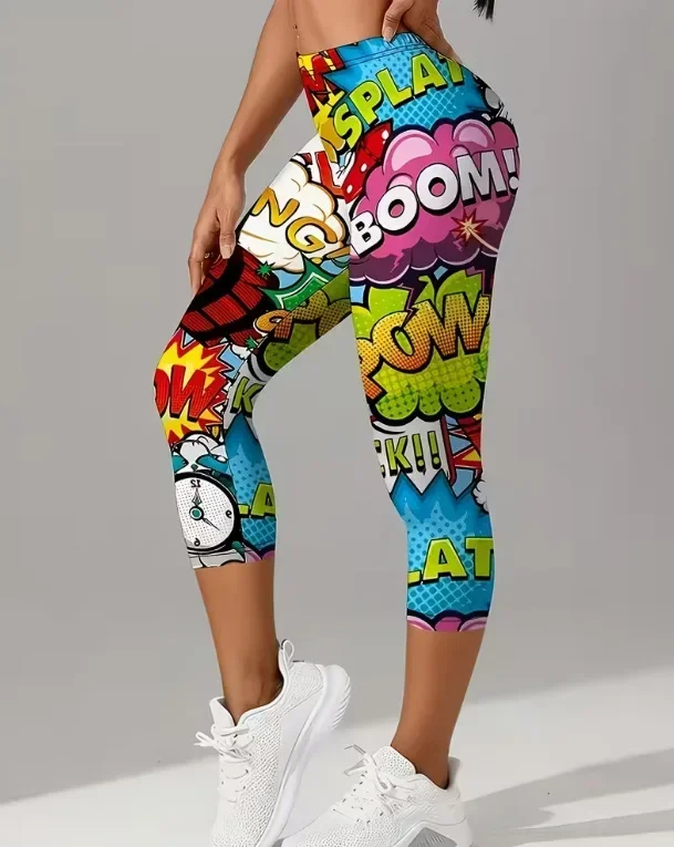 Women Retro Comic Graffiti Letter Print High Waisted Leggings Slimming Skin-Friendly Breathable Soft Flattering Gym  Comfy