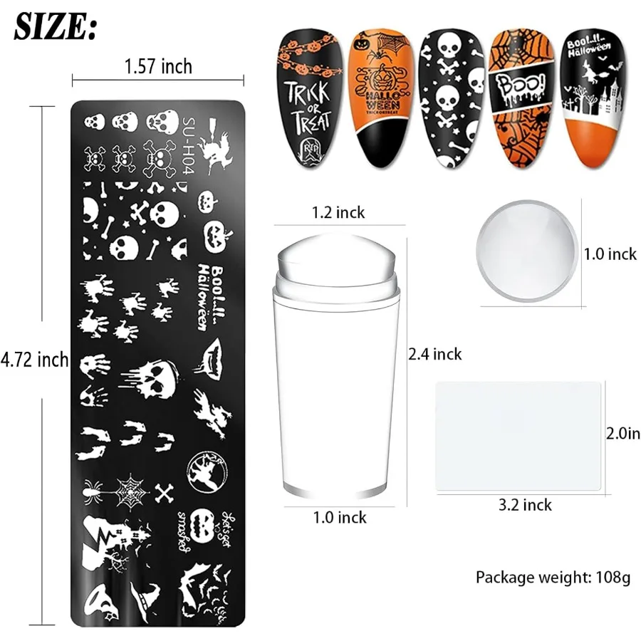 할로윈 네일 스탬퍼 키트 6개 네일 플레이트 + 1개 네일 스탬퍼 + 1개 네일 스크래퍼 호러 해골 거미 유령 박쥐 네일 아트 디자인용