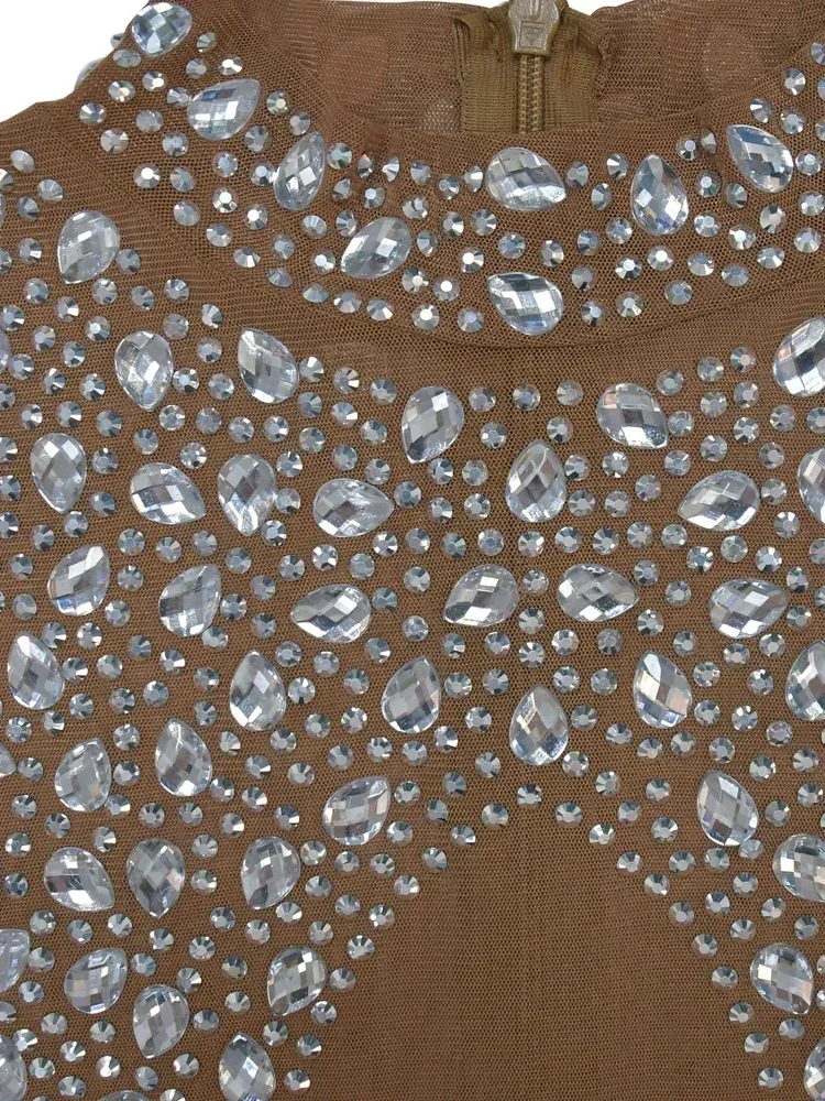 Hermoso vestido de noche transparente de malla de cristal de manga larga recortada marrón Glam transparente diamantes vestidos de fiesta trajes