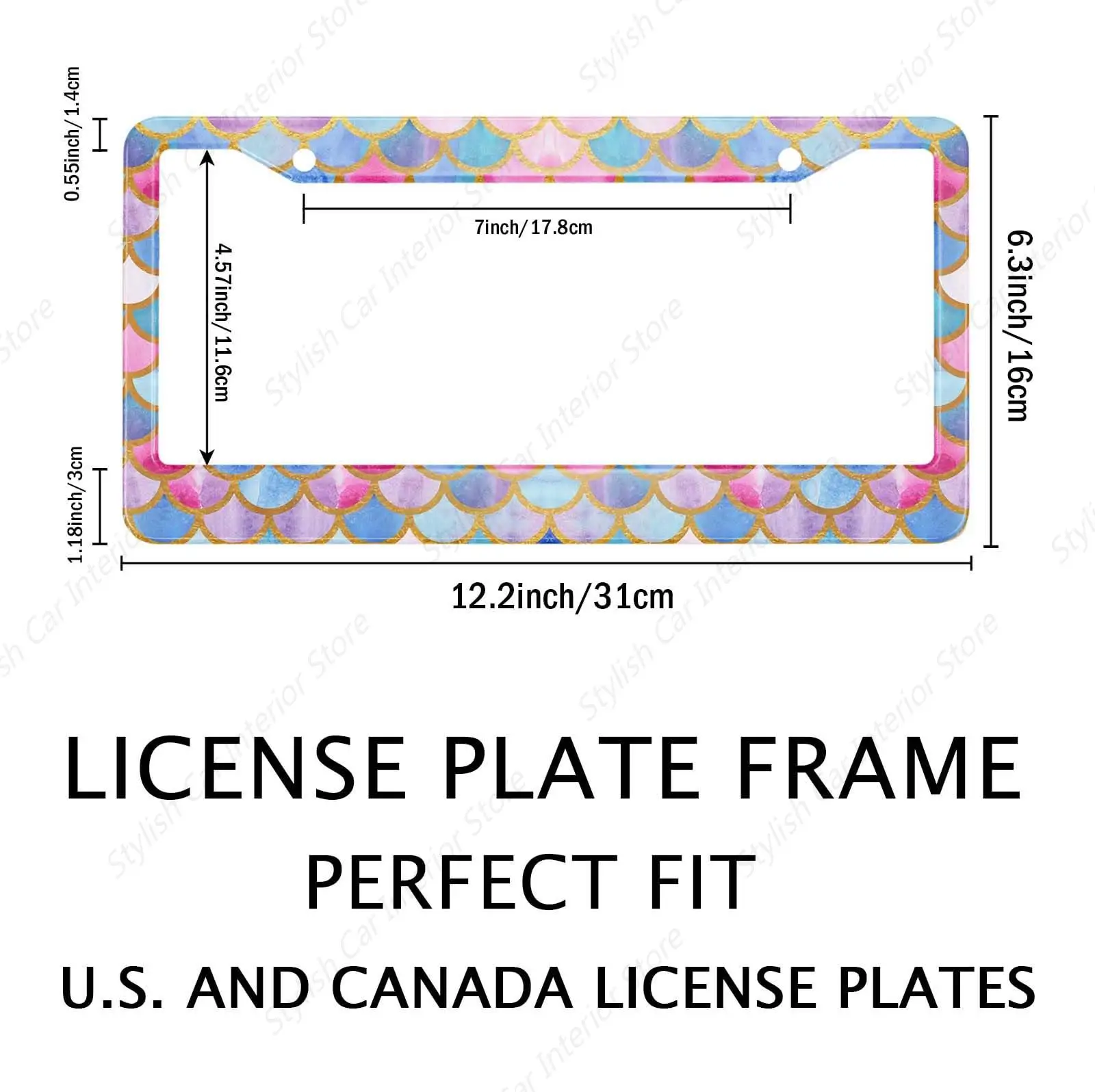 Purple Blue Mermaid Scales License Plate Frame for Car Decorative Accessories Rustproof License Plate with Screws