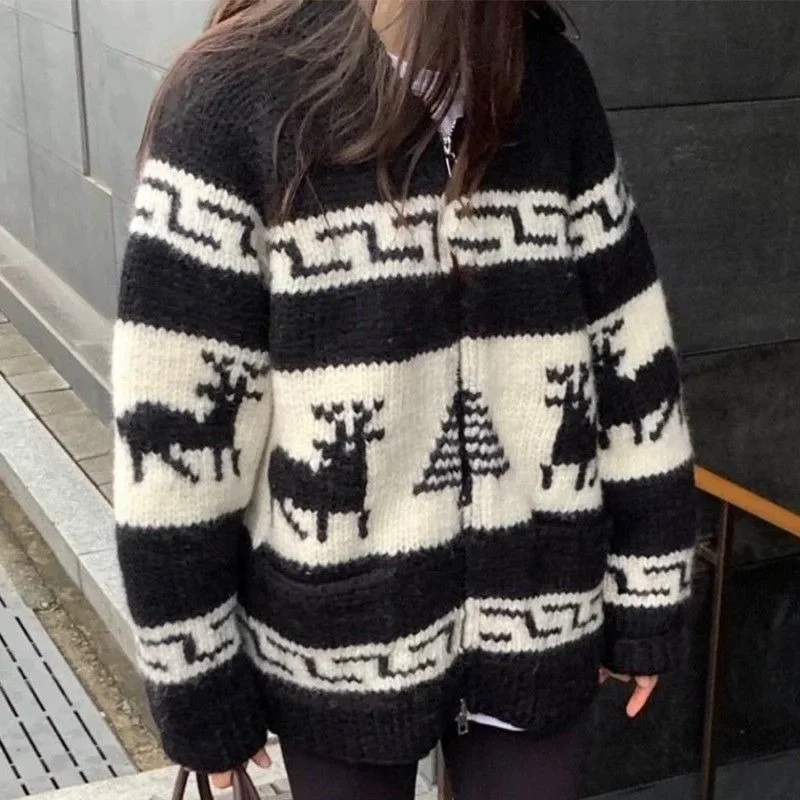 Korea 2024 Autumn and Winter Christmas Temperament Lapel Double Zipper Pattern Jacquard Knitted Cardigan Sweater for Women