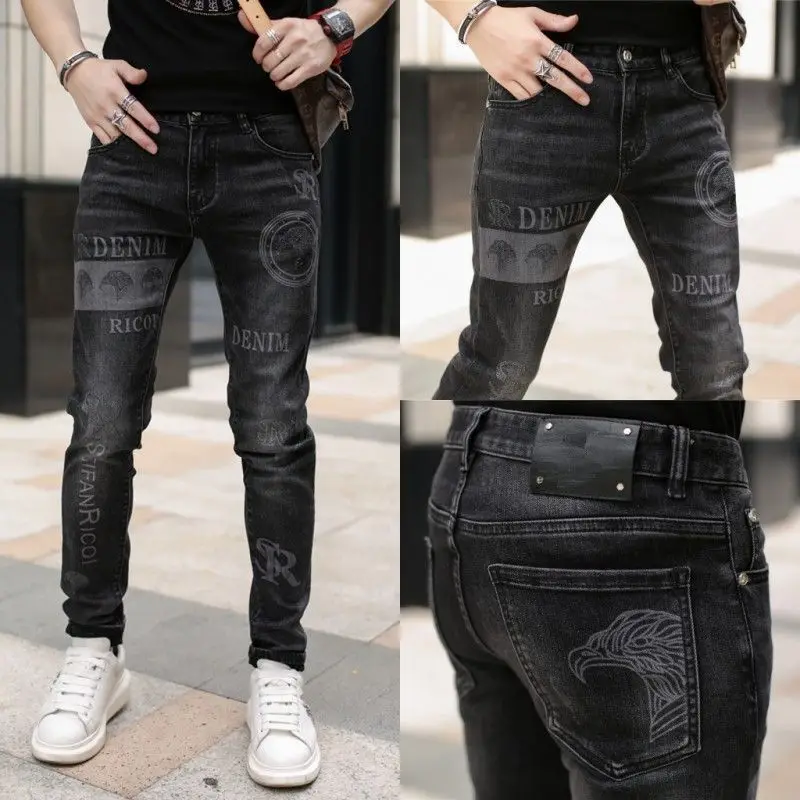 High End Stylish Classic Distinctive Printed Black Stretch Denim Jeans for Men High Quality Slim Fit Stretch Luxury Denim Pants