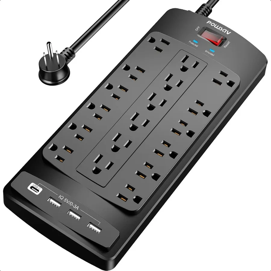 

18 Outlets Surge Protector Power Strip 6 Feet Flat Plug Heavy Duty Extension Cord with 18 Widely Outlets and 4 USB Ports 2100 J