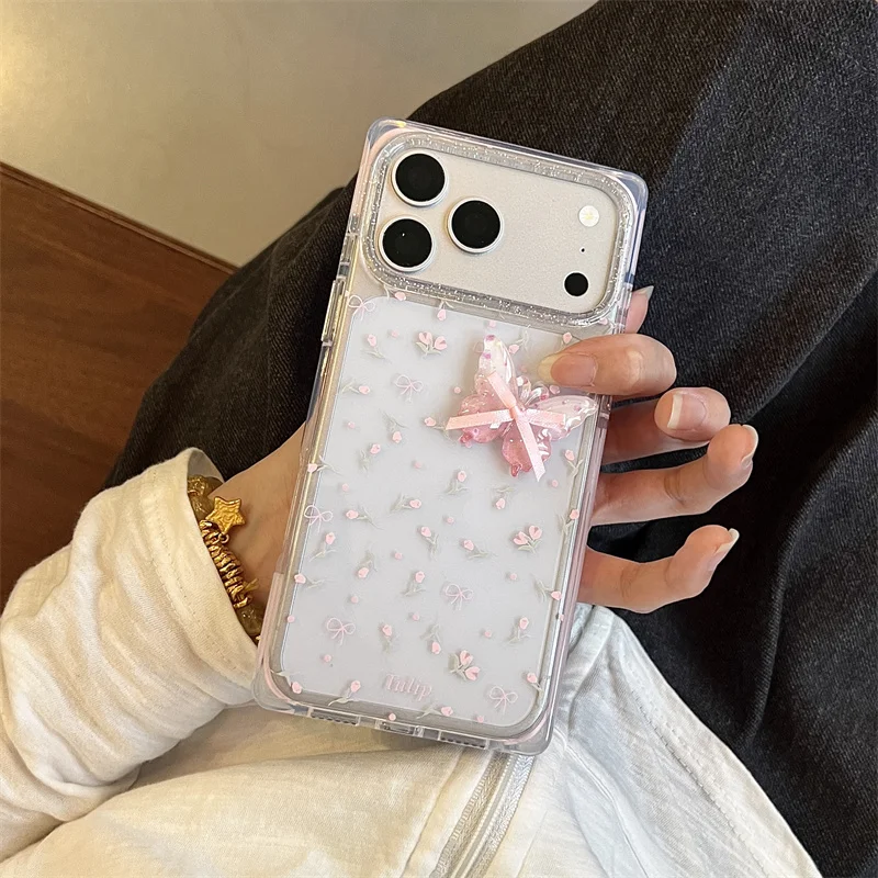

Cute Tiny Floral Bow Lace Phone Case For iPhone 15 16 17 Pro Max Kawaii Glitter Shockproof Protective Cover