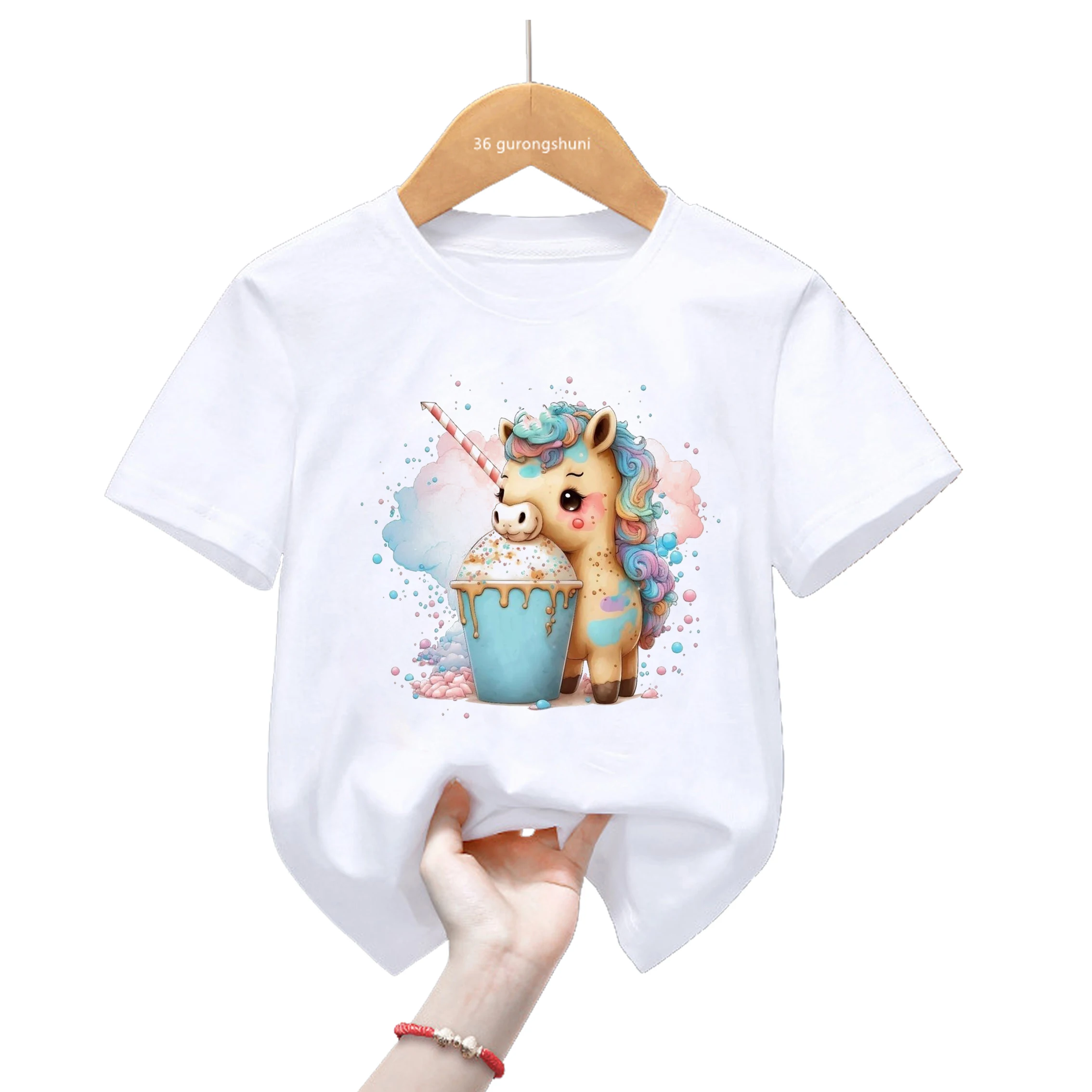 

Rainbow Unicorn Loves Ice Cream Print T Shirt For Girls/Boys Funny Kawaii Kids Clothes Summer Fashion Tops Tee Shirt