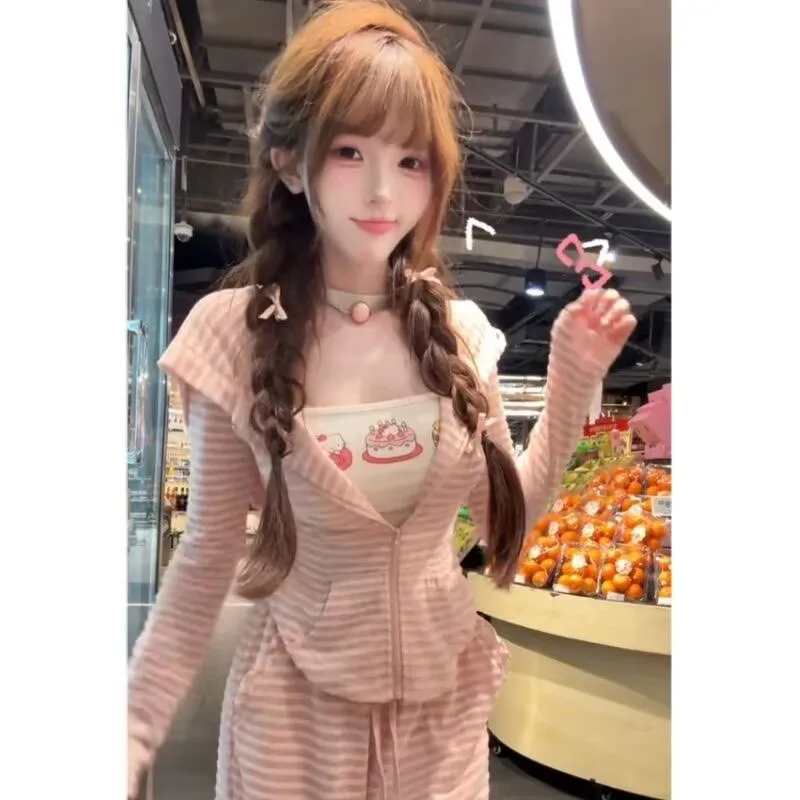 핑크 스트라이프 토끼 귀 후드 자외선 차단 가디건 캐주얼 캐미솔 재킷 가을 조끼 3종 세트 여자 신상 의류