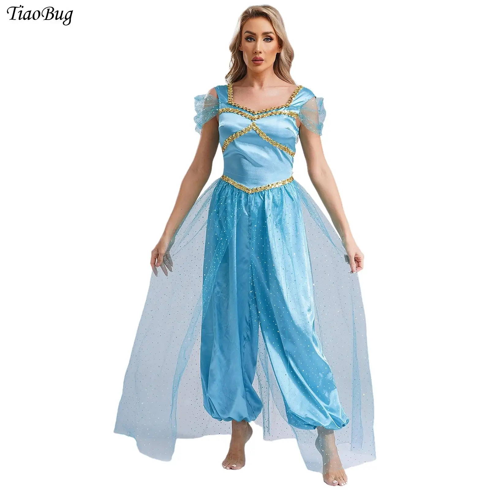 

Womens Arabic Princess Cosplay Costume Belly Dance Jumpsuit Shiny Sequins Trim Pumpkin Pants with Tulle Overlay One-piece Romper