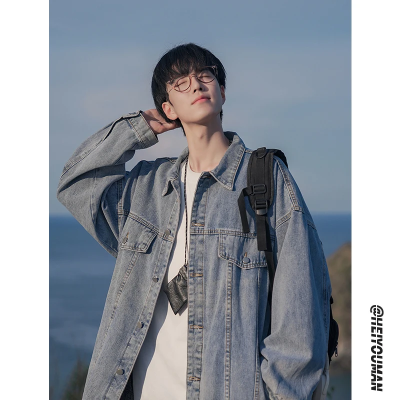 

Ретро-рабочая одежда: Мужская джинсовая куртка свободного кроя в японском стиле, весна-осень, повседневная, с длинными рукавами, ветрозащитная, на одной пуговице