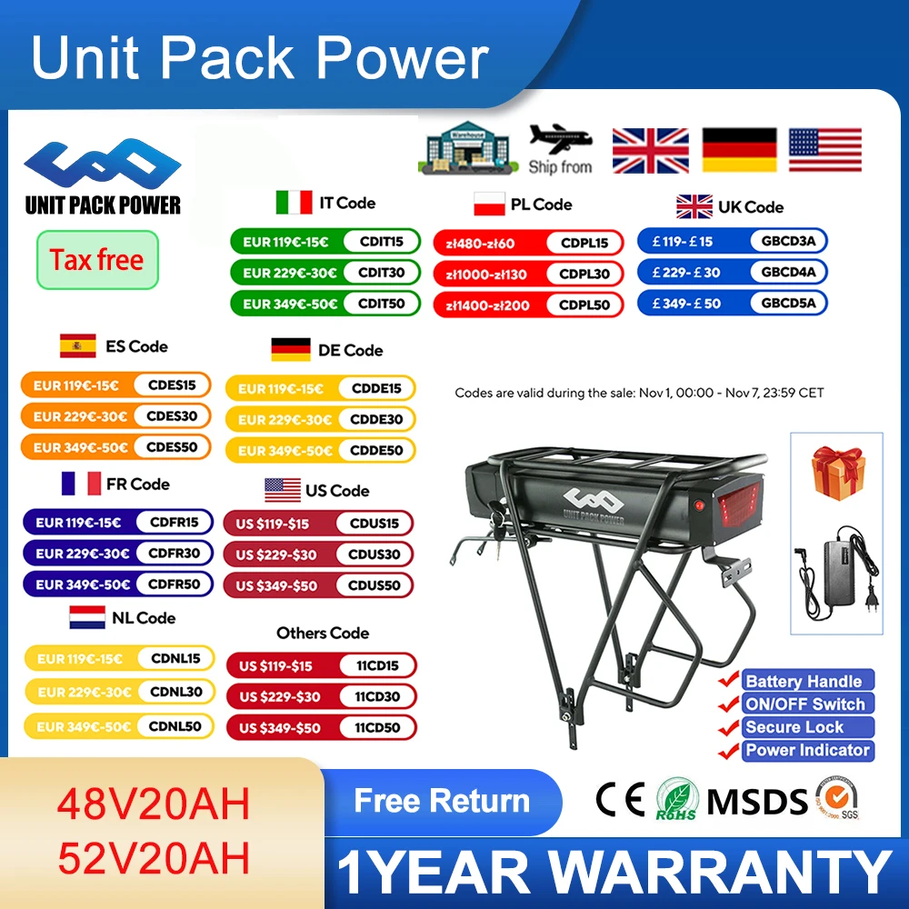 52V 48V 20AH Rear Rack eBike Battery 18650 Cells Lithium Pack with Luggage for 1800W 1500W 1000W 750W 500W Motor For BAFANG 40A