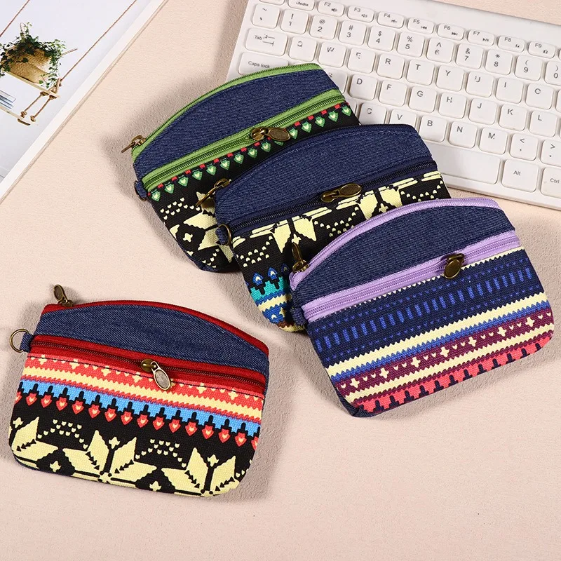 Boho Small Coin Purse Mini Wallet Coin Bag Flower Print Pouch Waterproof With Zipper Exquisite Present For Women Girls