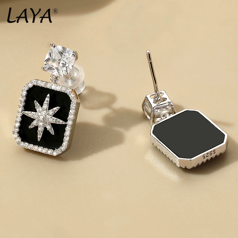 LAYA 925 Sterling Silver Sparkling Zircon Minimalist Stud Earrings For Women Black Agate Piercing Ear Handmade Original Jewelry