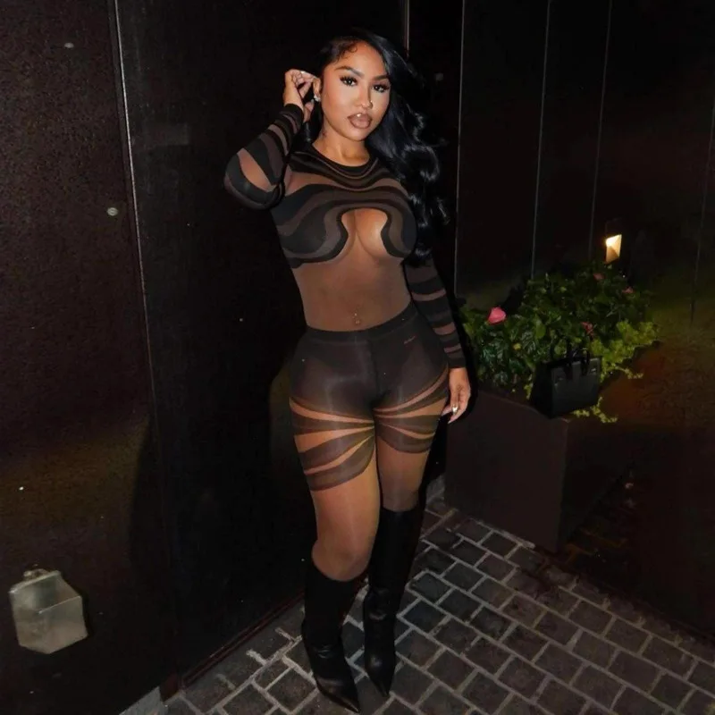 

KEXU Лидер продаж, женские сексуальные сетчатые комбинезоны в полоску с принтом, прозрачный короткий комбинезон с длинными рукавами, клубные вечерние комбинезоны