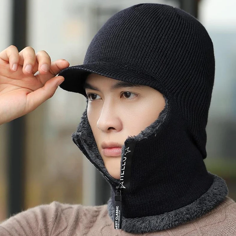 New Men Winter Warm Wool Hat Outdoor Ear Protection Hats Warm Thick Bicycle Knitted Capd Scarf Windproof Visors Cap tide gorras