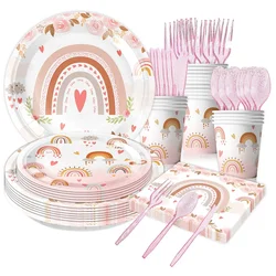 10 Guests Bohemia Pink Rose Rainbow Disposable Tableware Love Rainbow Cloud Party Girl Rainbowe Birthday Party DIY Babyshower