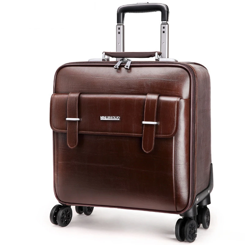 18 Inch Trolley Case Leather Travel Suitcase Carry-on Box Large Capacity Trunk Business Rolling Luggage Password Universal Wheel