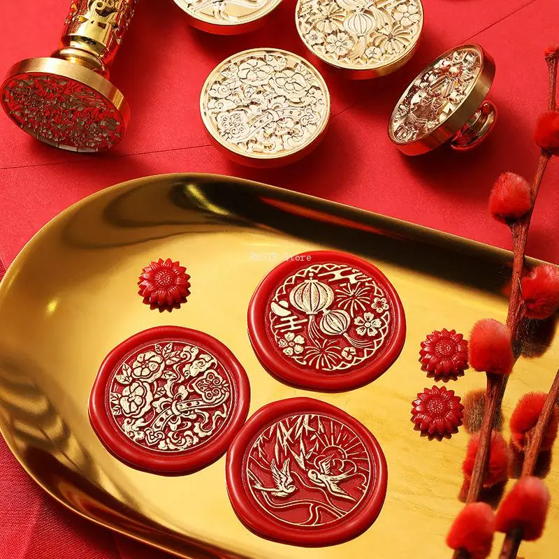 Chinese style Paint Stamp Copper Head Lunar New Year Stamp Wax for Wedding Envelope Traditional Scrapbooking DIY Seal Tool
