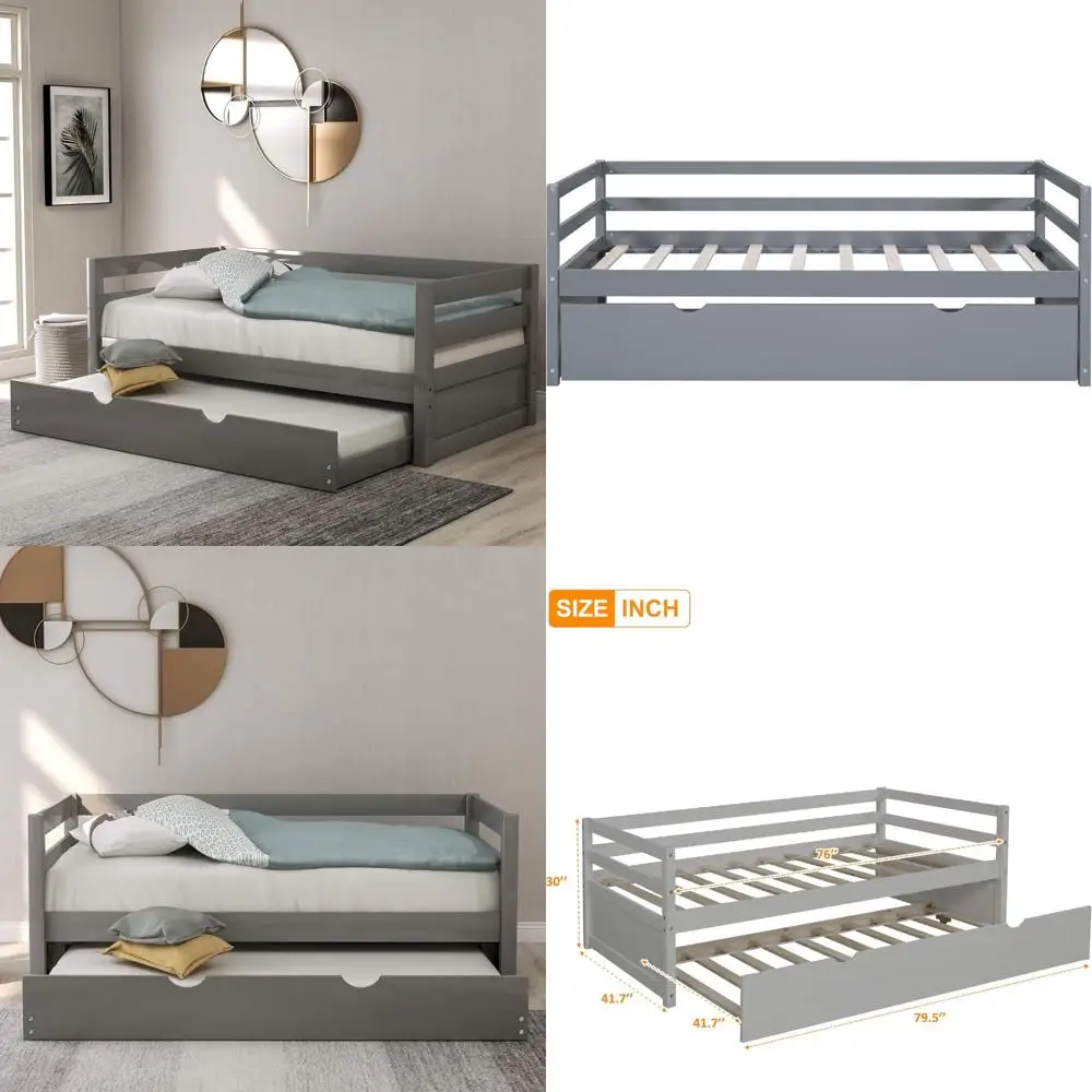 سرير نهاري مزدوج من Merax باللون الرمادي مع إطار سرير كابتن من الخشب الصلب