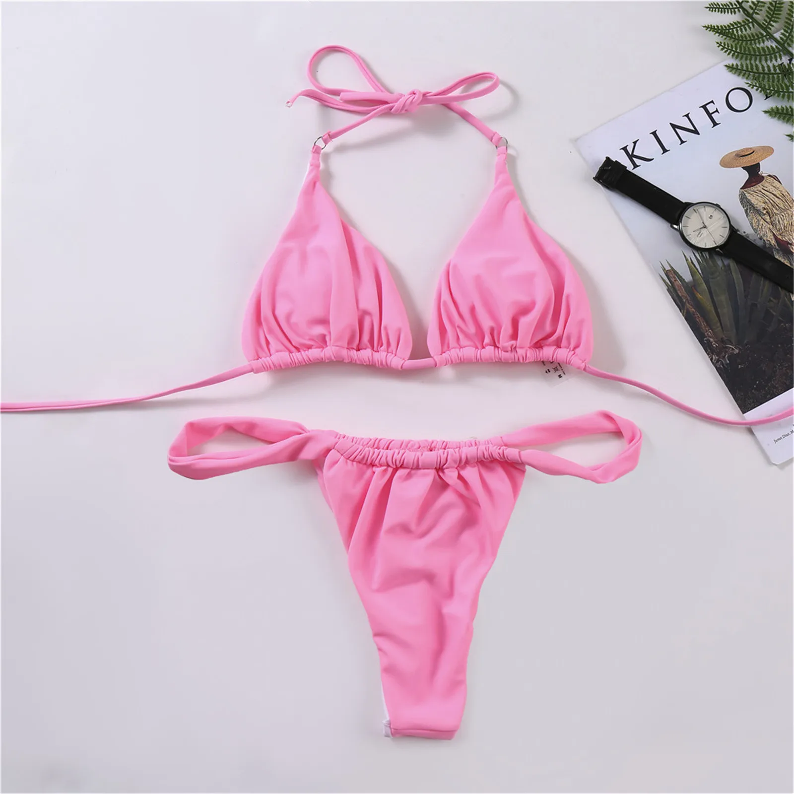 Conjuntos de Bikinis sexis para mujer, ropa de playa unicolor con copa triangular, Tanga de cintura baja, Bikini brasileño, trajes de baño de playa con vendaje, Bikini