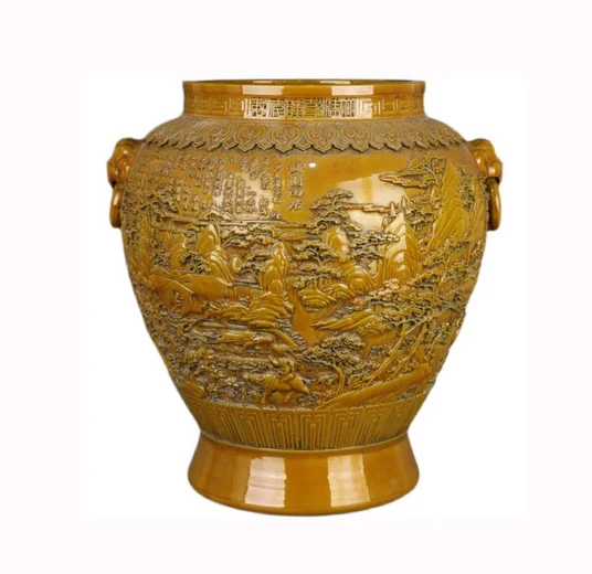 

Qing Qianlong handmade antique yellow glaze landscape pattern large carving garden pot Jingdezhen handmade ceramic handicrafts