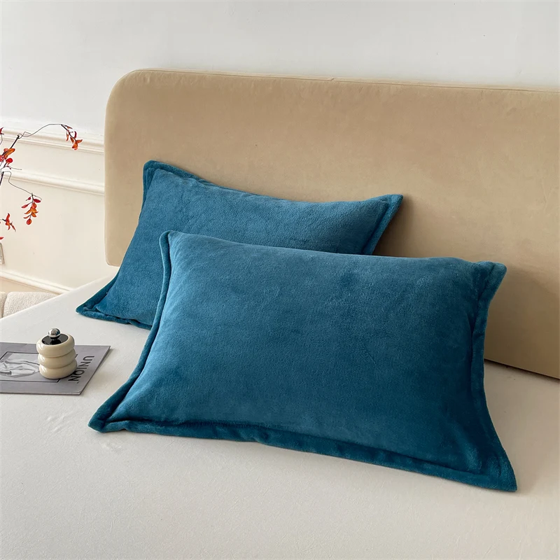 

2pcs Winter Flannel Pillowcase 48*74cm Solid Fleece Velvet Pillow Cover Comfortable Soft Warmth Blue Green Home Domitory Bedding