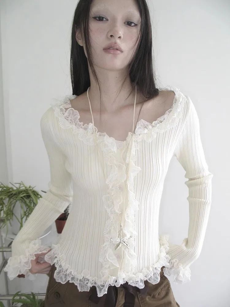 Yedinas Fairycore Apricot Lace Knitted Tops Long Sleeve T Shirt Women Clothes Korean Fashion Autumn 2023 Tee Shirt Femme Y2k