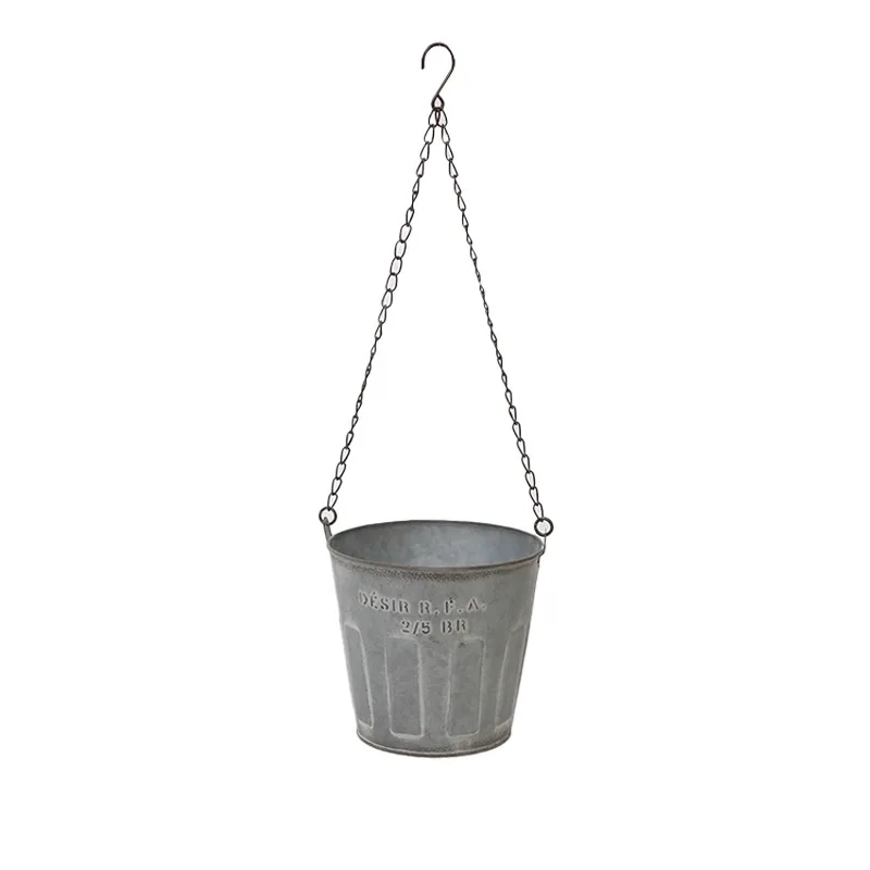 

Rustic Metal Hanging Planter Bucket with Chain, Galvanized Iron Finish, 16.5cm Diameter, Vintage Style Garden Pot
